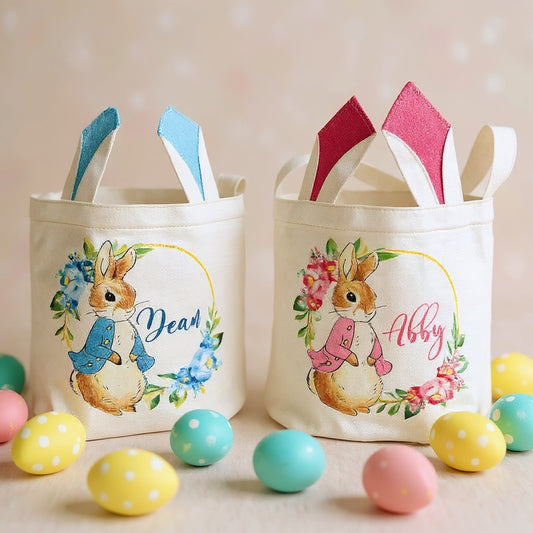 Personalized Bunny Ears Easter Basket – Custom Name Canvas Bag