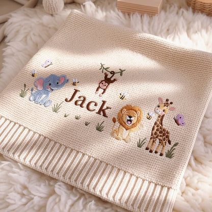 Personalized Safari Baby Name Knit Blanket | Custom Embroidered Gift