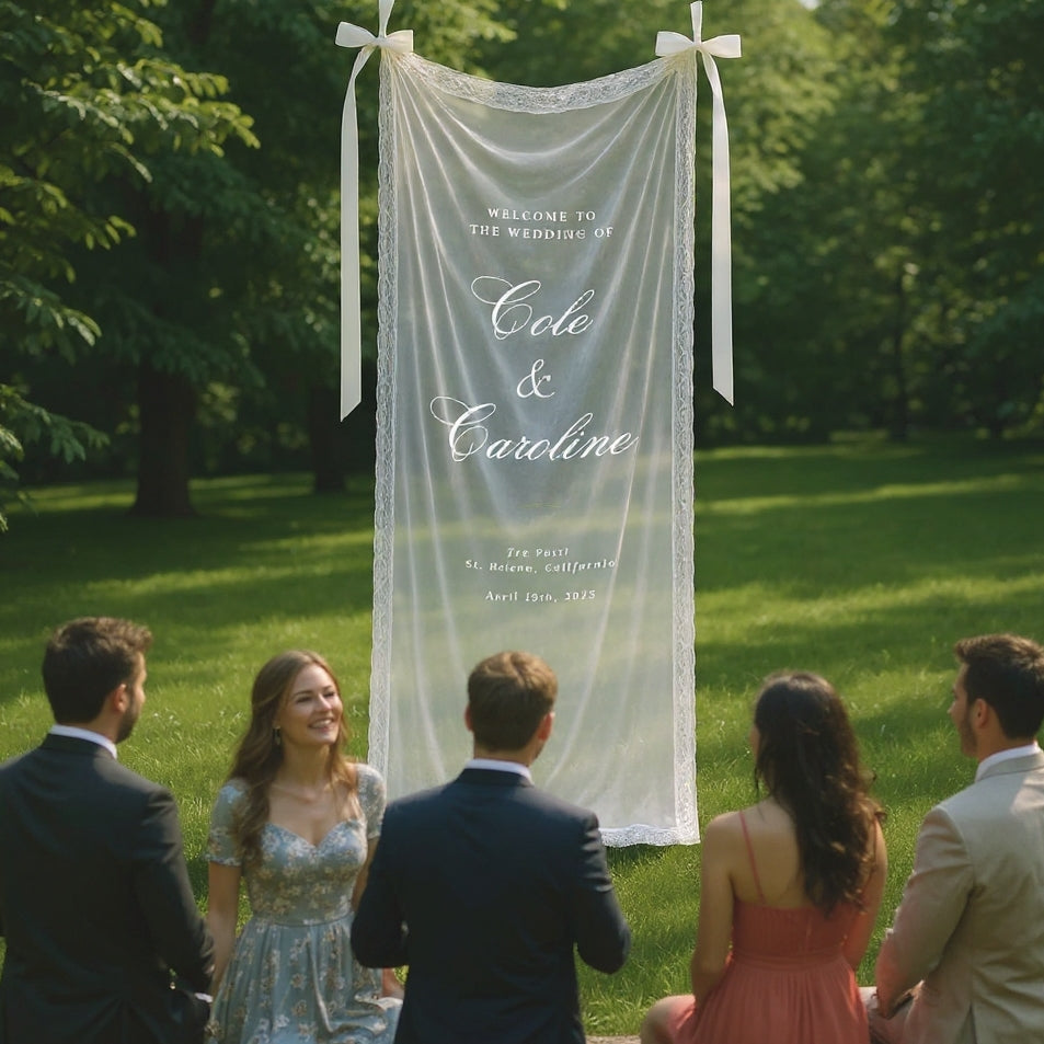 Personalized Sheer Lace Wedding Welcome Sign – Romantic Wedding Banner