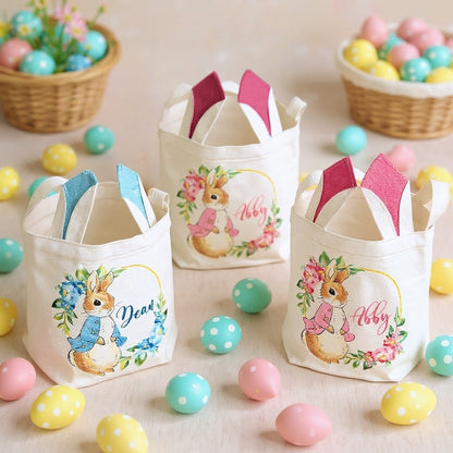 Personalized Bunny Ears Easter Basket – Custom Name Canvas Bag