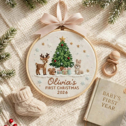 Individuell gestalteter, gestickter Weihnachtsschmuck mit Waldtiermotiv für Babys erstes Weihnachtsfest
