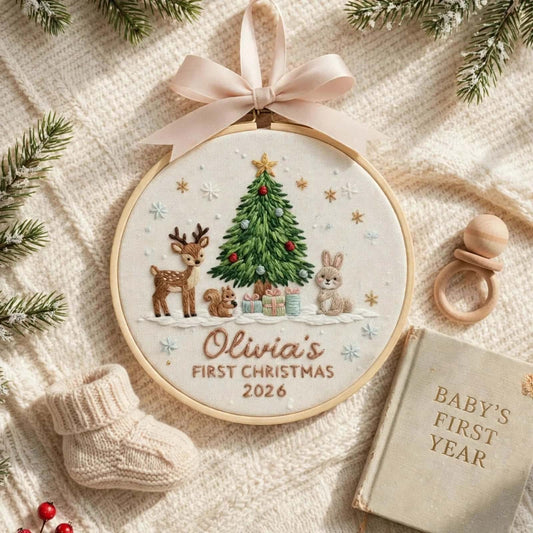 Ornement brodé personnalisé pour le 1er Noël de bébé, motif animaux de la forêt