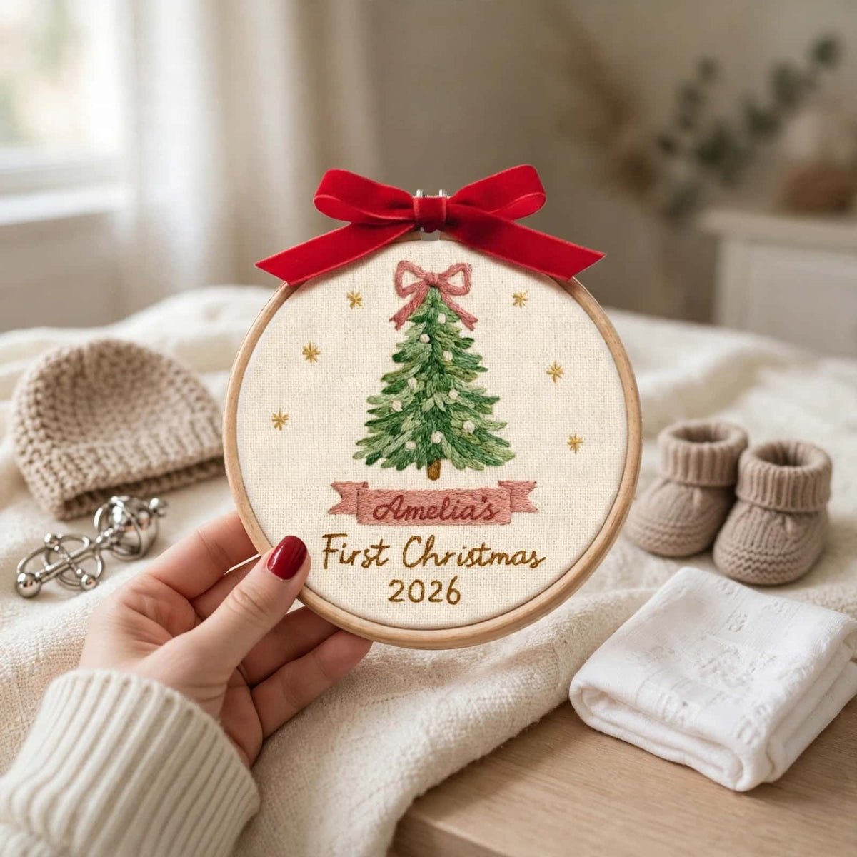 Baby’s First Christmas Embroidery Ornament | Pink & Blue Bow Tree