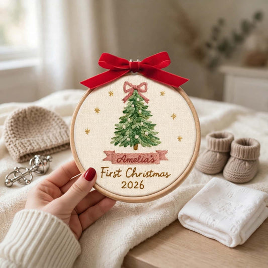 Premier ornement de Noël brodé pour bébé | Sapin à nœud rose et bleu