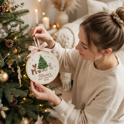 Individuell gestalteter, gestickter Weihnachtsschmuck mit Waldtiermotiv für Babys erstes Weihnachtsfest