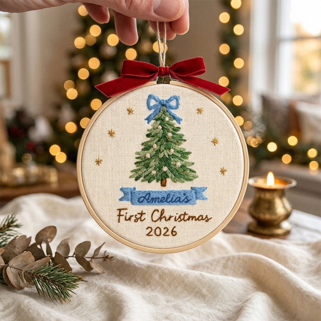 Baby’s First Christmas Embroidery Ornament | Pink & Blue Bow Tree