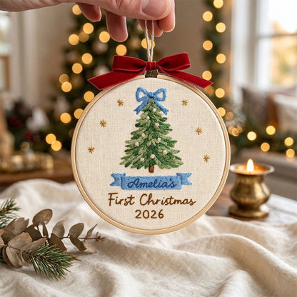 Baby’s First Christmas Embroidery Ornament | Pink & Blue Bow Tree