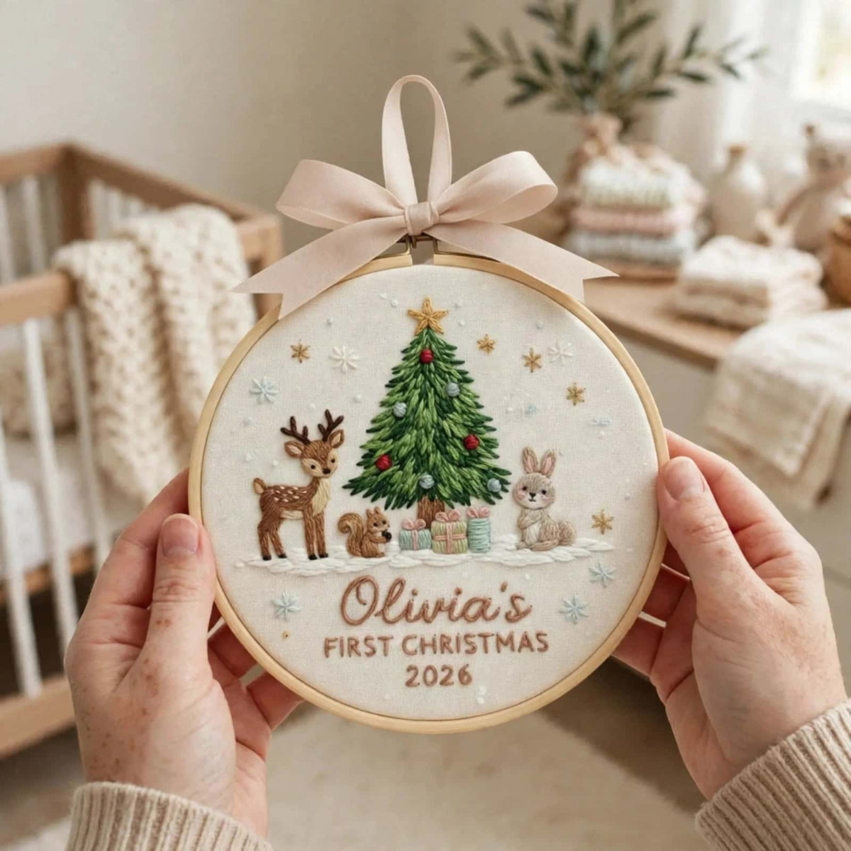 Individuell gestalteter, gestickter Weihnachtsschmuck mit Waldtiermotiv für Babys erstes Weihnachtsfest