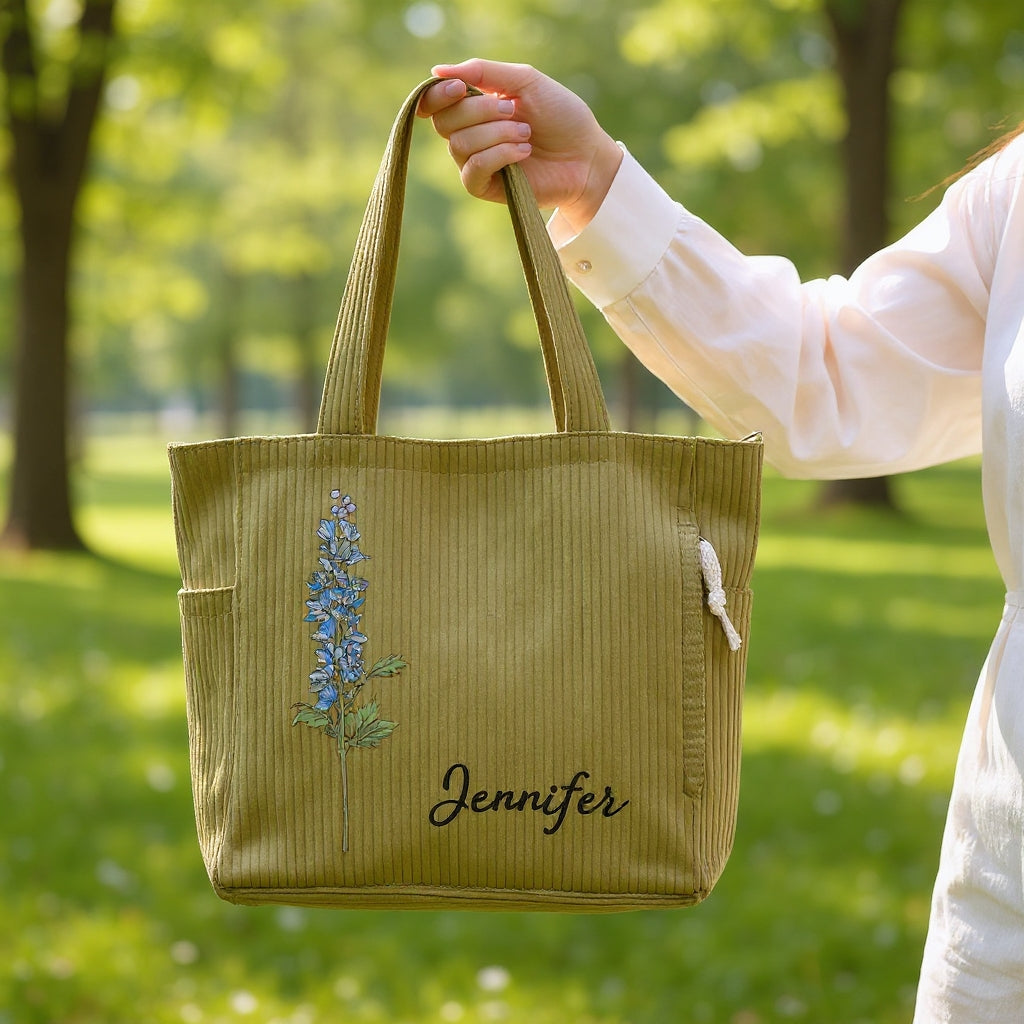 Personalisierte Tragetasche mit Geburtsblume – Cordtasche mit individuellem Namen
