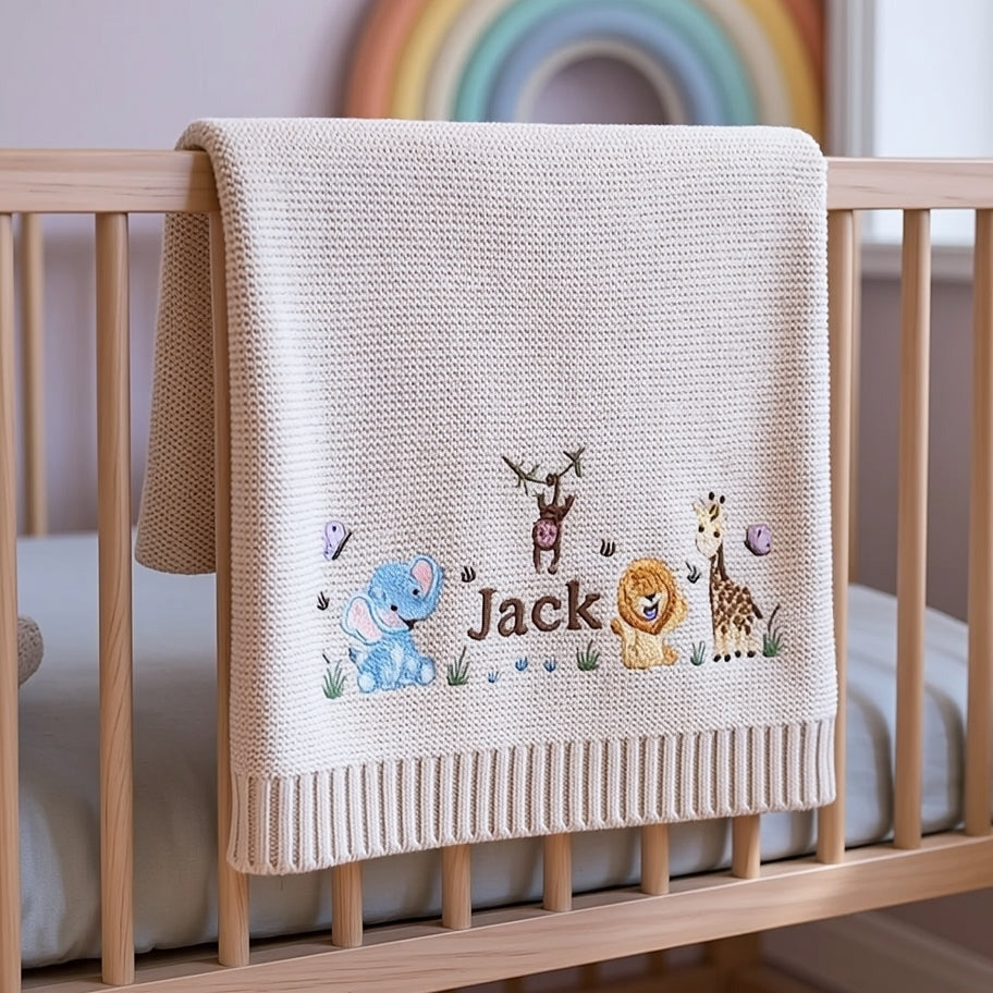 Personalized Safari Baby Name Knit Blanket | Custom Embroidered Gift