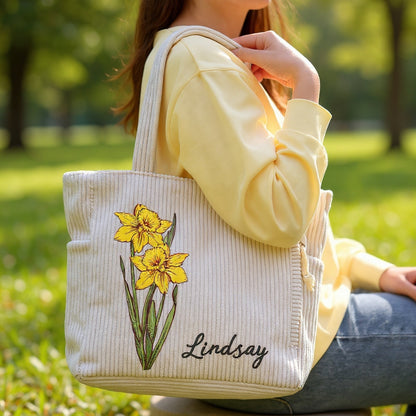Personalisierte Tragetasche mit Geburtsblume – Cordtasche mit individuellem Namen