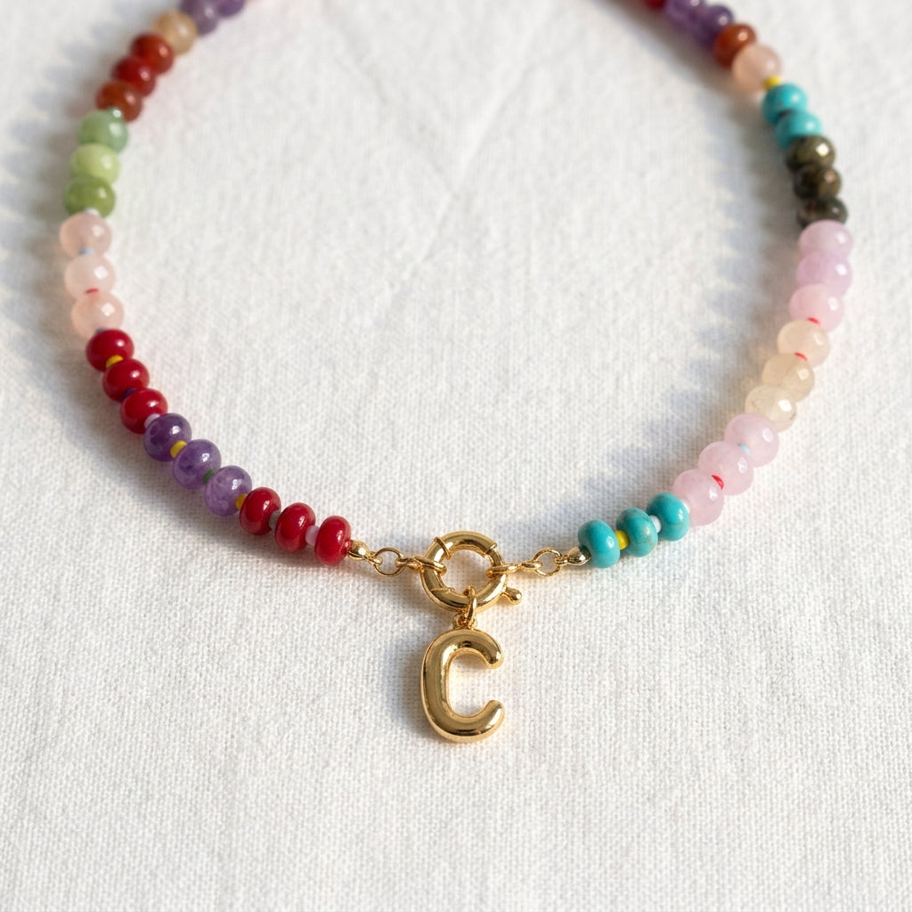 Rainbow Natural Stone Beaded Initial Necklace – Custom Gift for Her