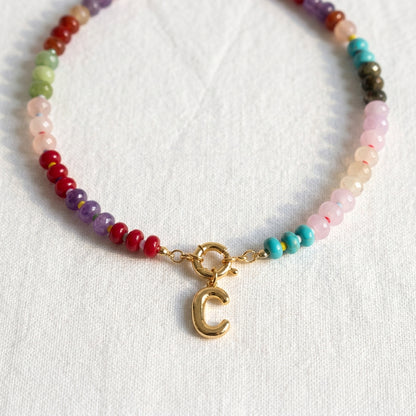 Rainbow Natural Stone Beaded Initial Necklace – Custom Gift for Her