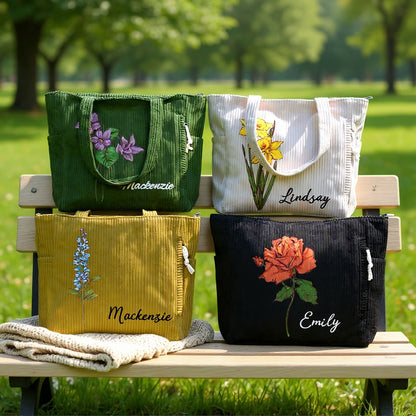 Personalisierte Tragetasche mit Geburtsblume – Cordtasche mit individuellem Namen