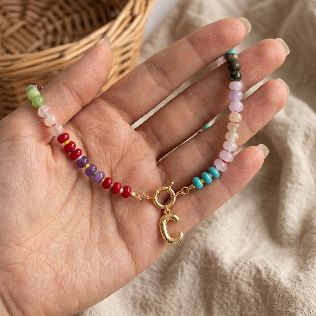 Rainbow Natural Stone Beaded Initial Necklace – Custom Gift for Her