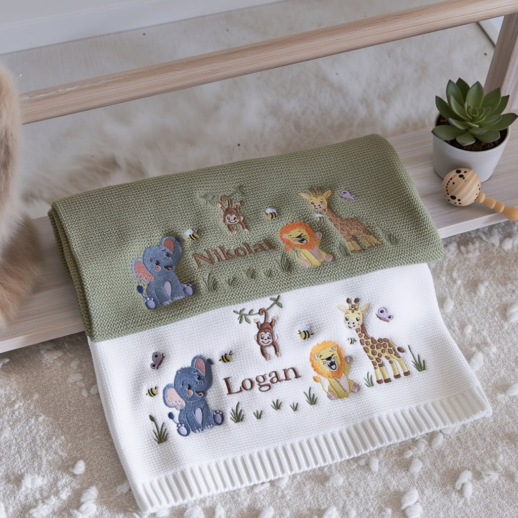 Personalized Safari Baby Name Knit Blanket | Custom Embroidered Gift