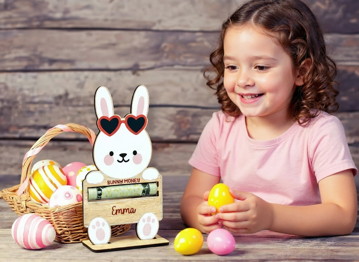 Personalisierter Geldbeutel in Hasenform aus Holz mit Ständer – Ostergeschenk für Kinder