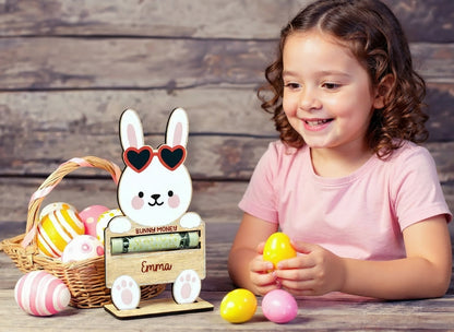 Personalisierter Geldbeutel in Hasenform aus Holz mit Ständer – Ostergeschenk für Kinder