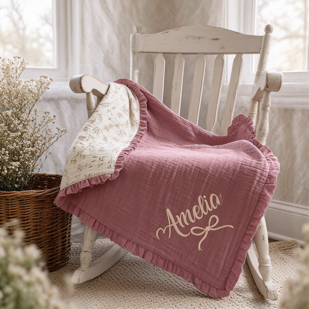 Personalized Muslin Baby Girl Blanket | Custom Embroidered Name & Bow Design