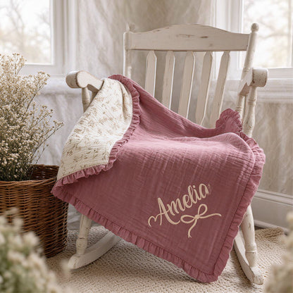 Personalized Muslin Baby Girl Blanket | Custom Embroidered Name & Bow Design