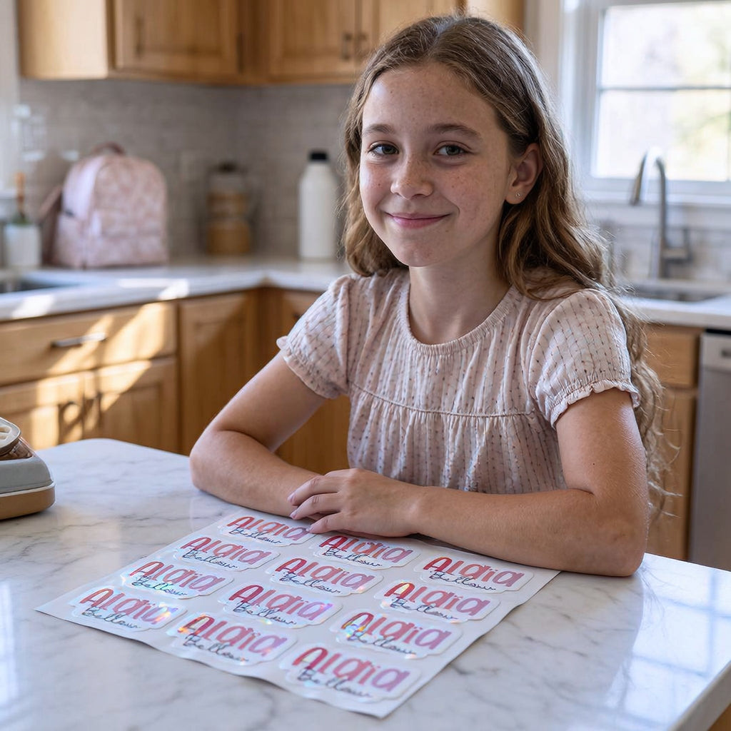 Autocollants personnalisés – Étiquettes scolaires holographiques imperméables (2 feuilles)