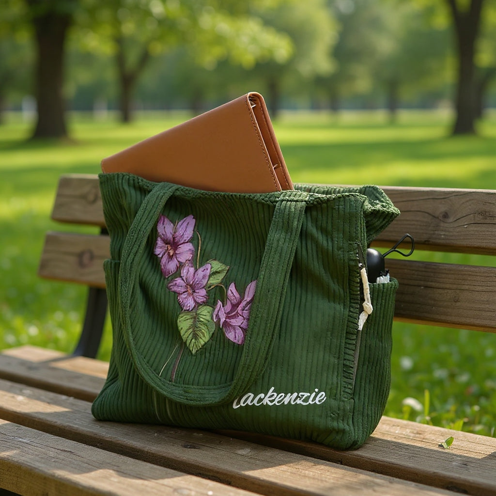 Personalisierte Tragetasche mit Geburtsblume – Cordtasche mit individuellem Namen