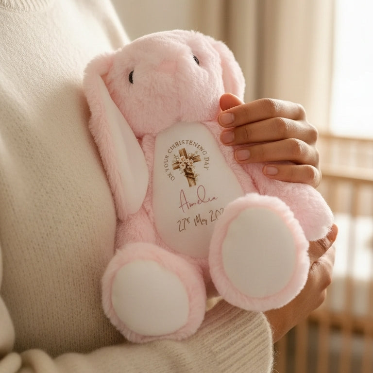 Personalisierter Taufhase als Plüschtier – Geschenk mit individuellem Namen und Datum