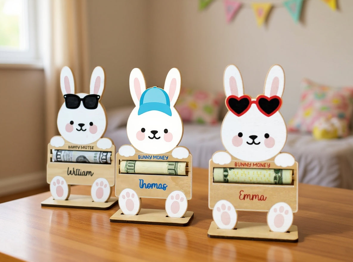Personalisierter Geldbeutel in Hasenform aus Holz mit Ständer – Ostergeschenk für Kinder
