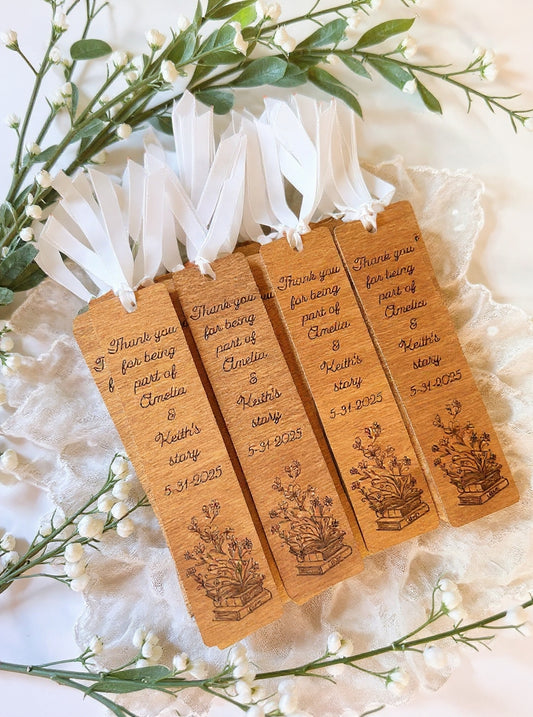 Personalized Wooden Wedding Favor Bookmarks | Book Theme Gift