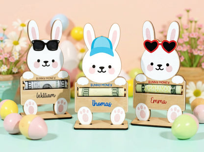 Personalisierter Geldbeutel in Hasenform aus Holz mit Ständer – Ostergeschenk für Kinder