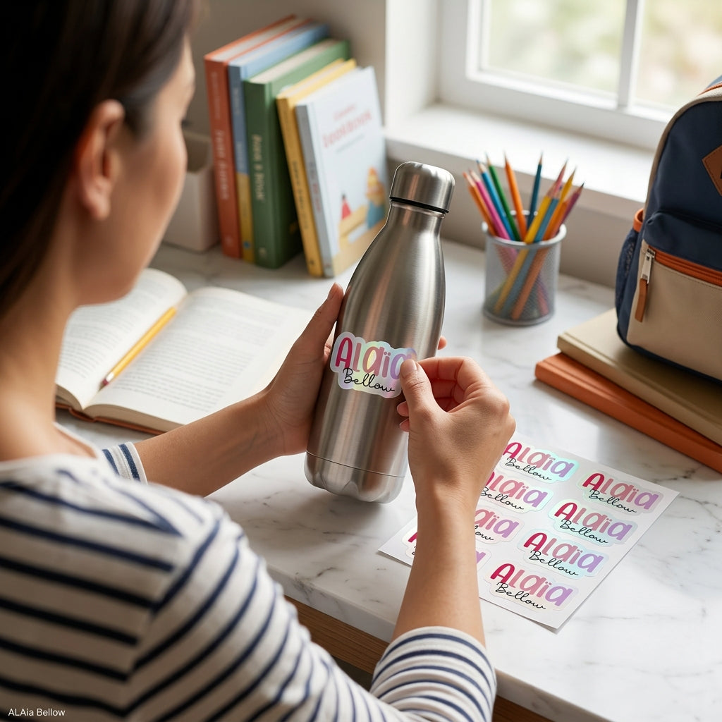Autocollants personnalisés – Étiquettes scolaires holographiques imperméables (2 feuilles)