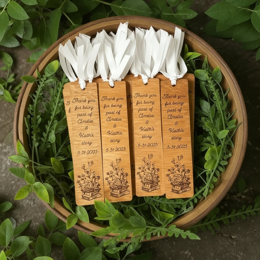 Personalized Wooden Wedding Favor Bookmarks | Book Theme Gift