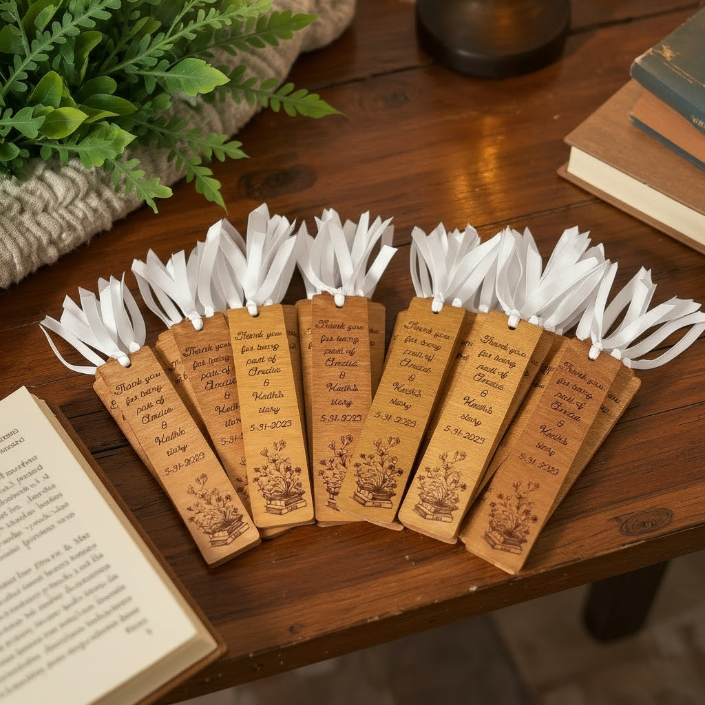 Personalized Wooden Wedding Favor Bookmarks | Book Theme Gift