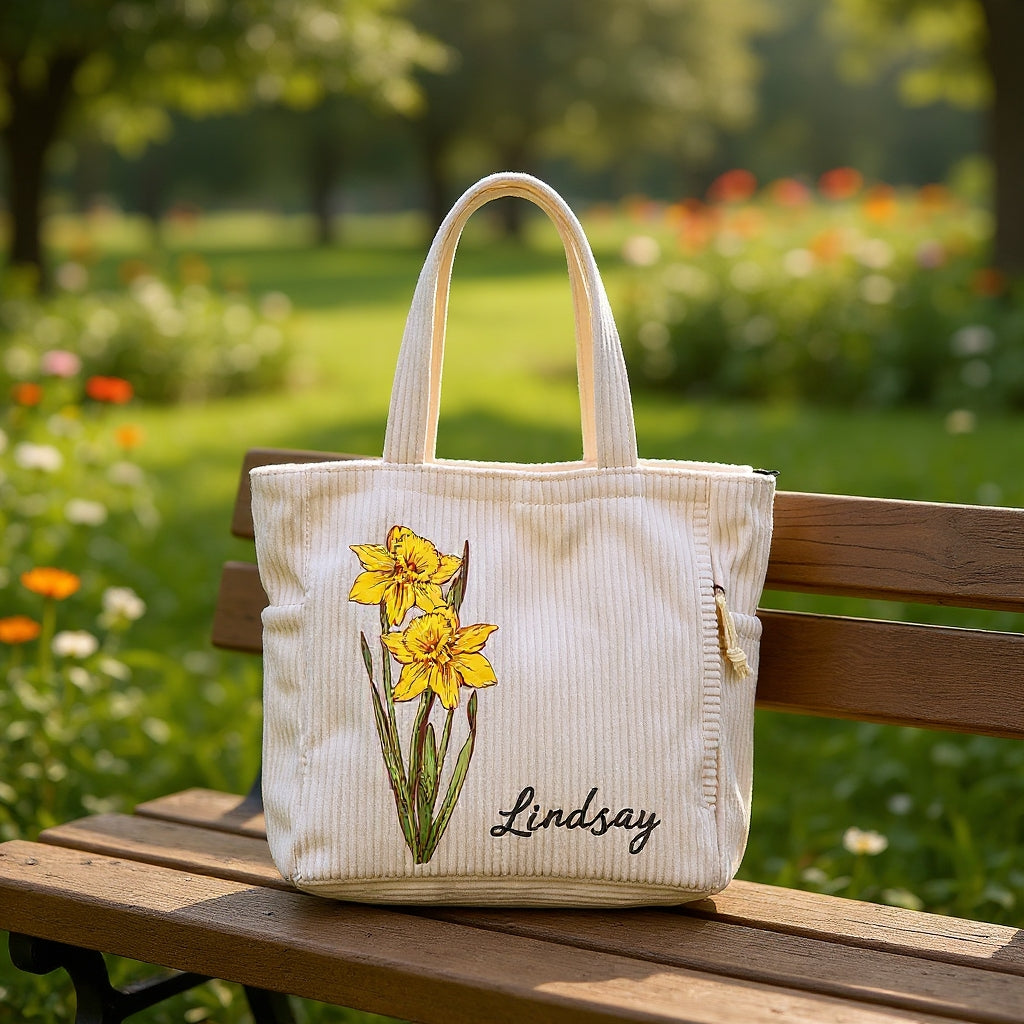 Personalisierte Tragetasche mit Geburtsblume – Cordtasche mit individuellem Namen