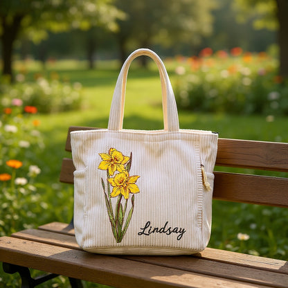 Personalisierte Tragetasche mit Geburtsblume – Cordtasche mit individuellem Namen