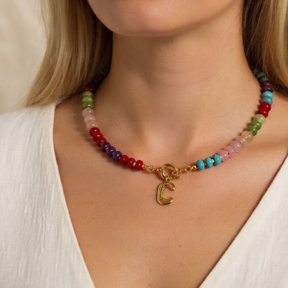 Rainbow Natural Stone Beaded Initial Necklace – Custom Gift for Her