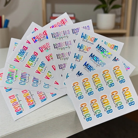 Custom Name Stickers – Waterproof Holographic School Labels  2 Sheets