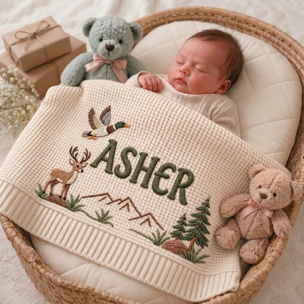 Personalized Woodland Baby Knit Blanket, Deer & Duck Embroidered Name