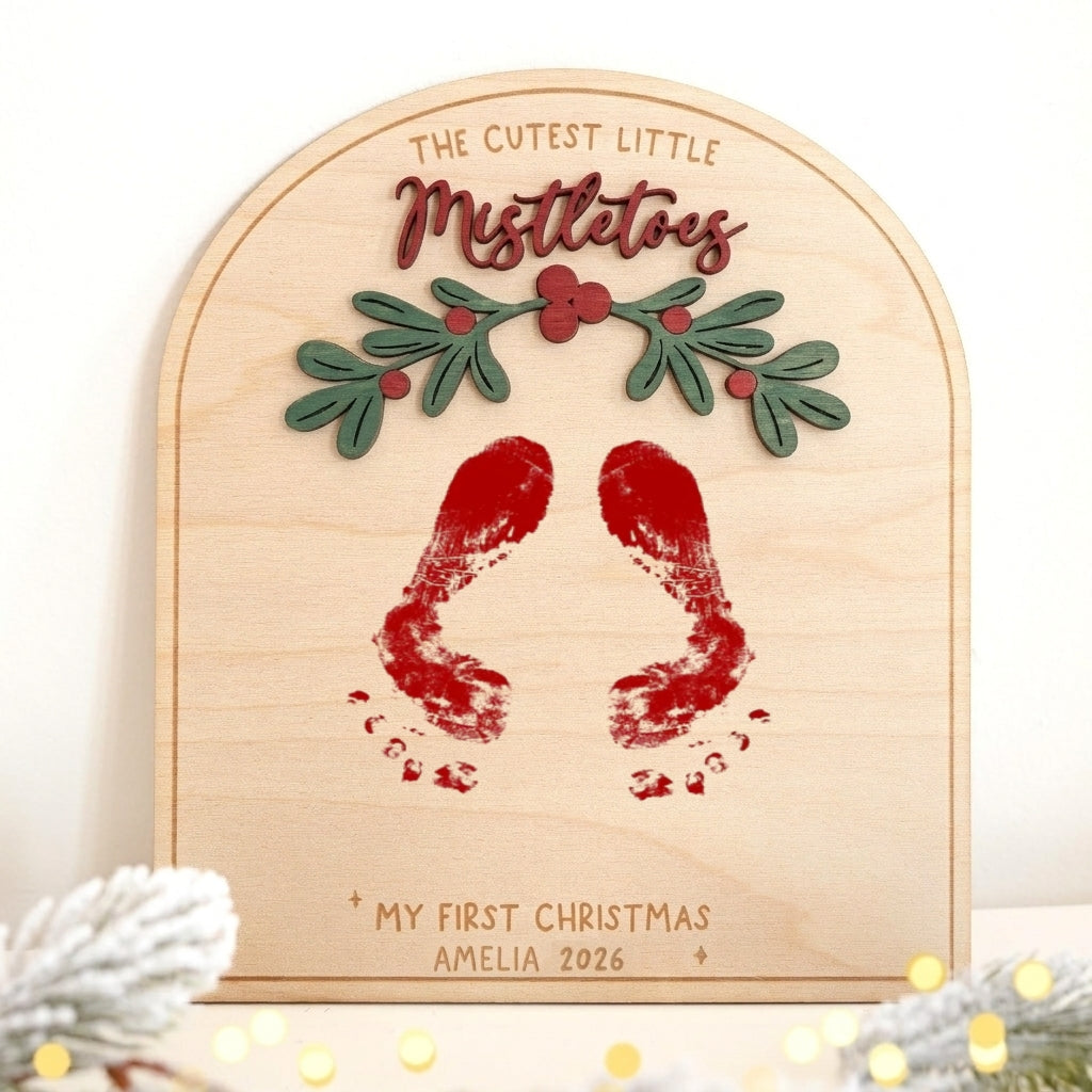 Personalized Mistletoes Baby Christmas Footprint Board | Wooden Sign