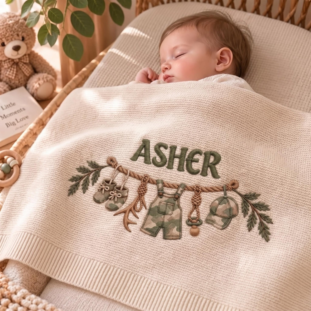 Personalized Baby Knit Blanket, Camo Outfit Embroidery, Custom Name Gift