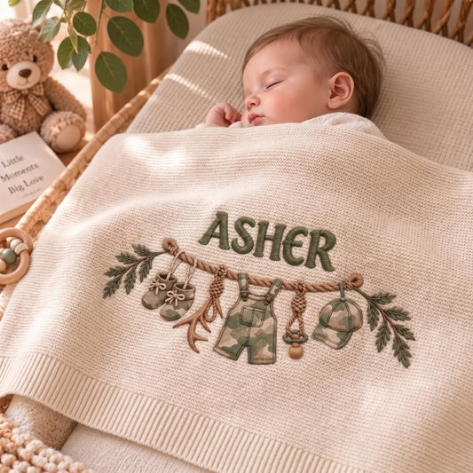 Personalized Baby Knit Blanket, Camo Outfit Embroidery, Custom Name Gift