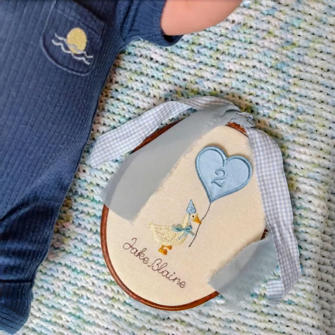 Personalized Baby Milestone Hoop, Embroidered Goose Monthly Photo Prop