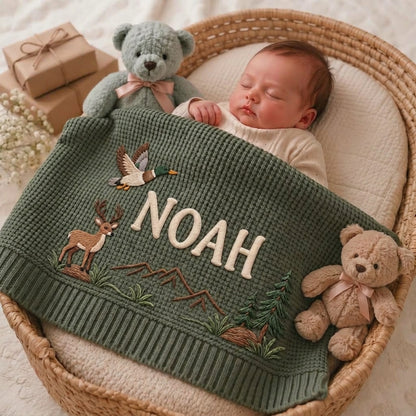 Personalized Woodland Baby Knit Blanket, Deer & Duck Embroidered Name
