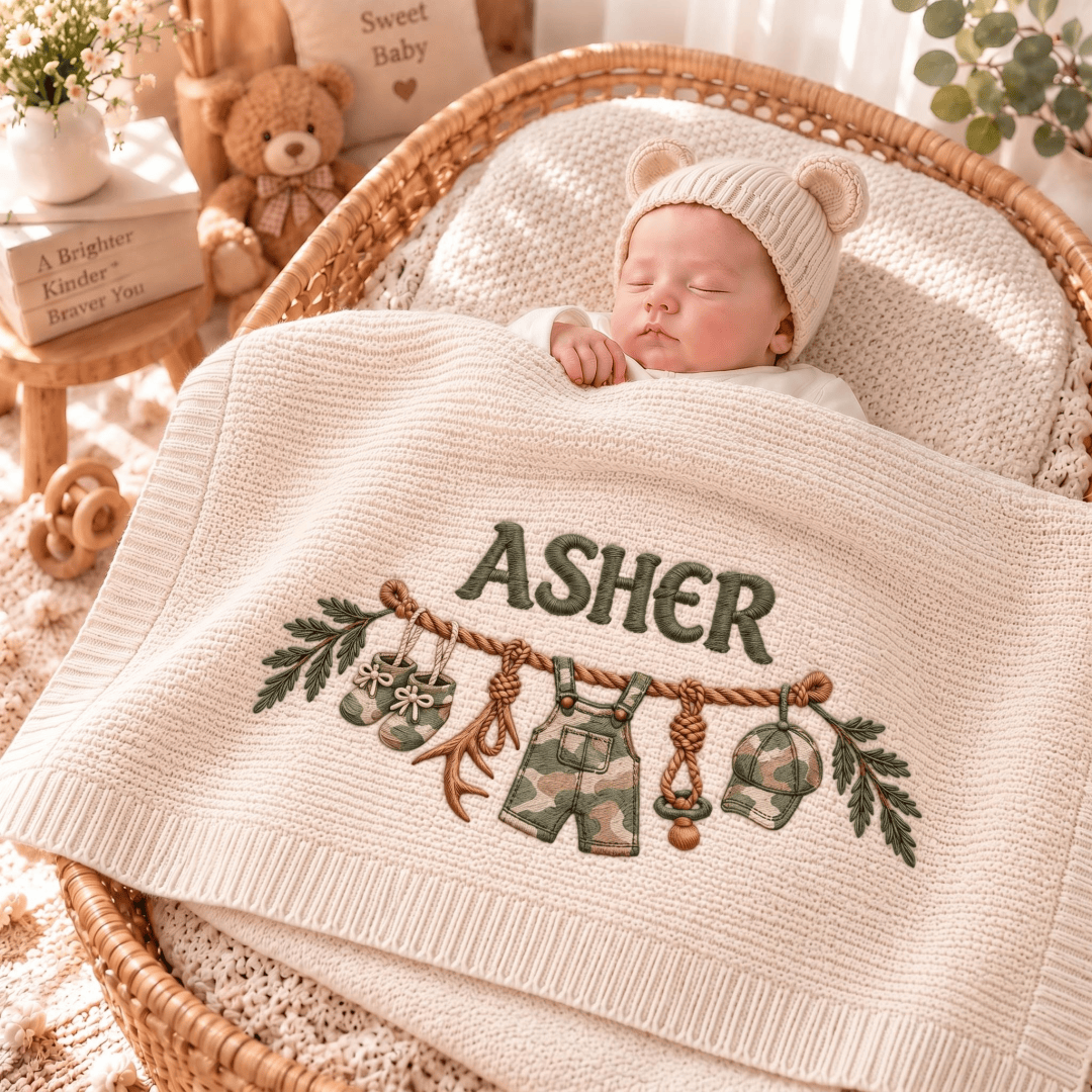 Personalized Baby Knit Blanket, Camo Outfit Embroidery, Custom Name Gift