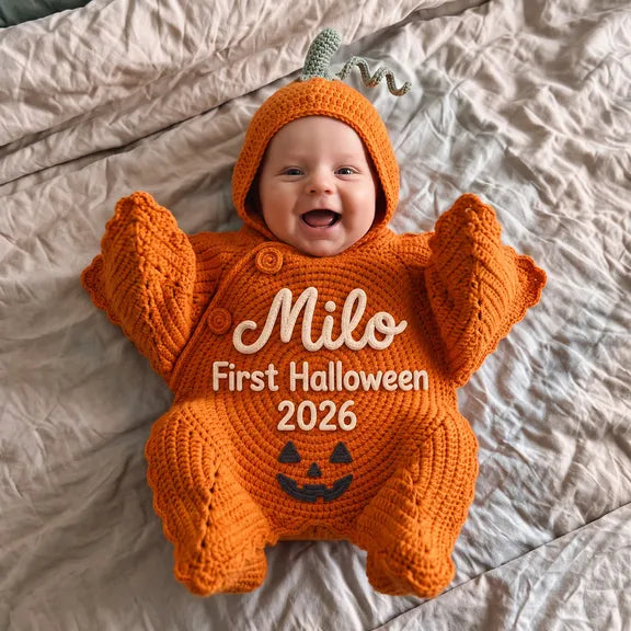 Personalized Halloween Pumpkin Knit Baby Bodysuit | First Halloween