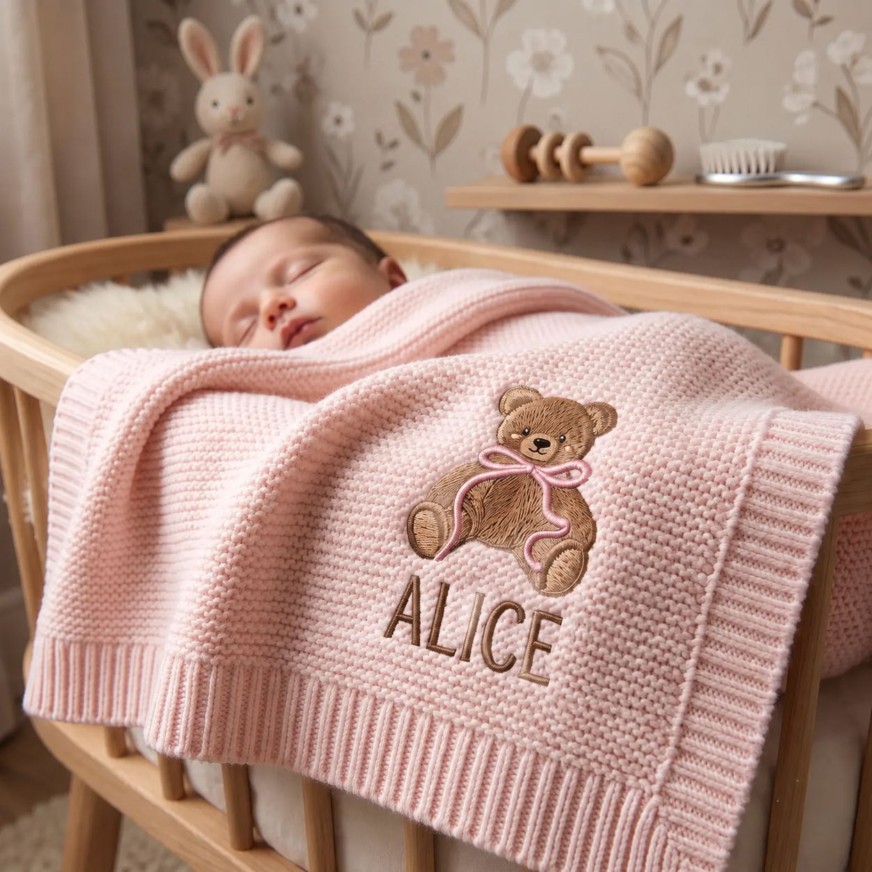 Personalized Teddy Bear Baby Knit Blanket | Custom Embroidered Name