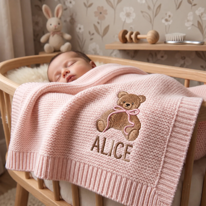 Personalized Teddy Bear Baby Knit Blanket | Custom Embroidered Name