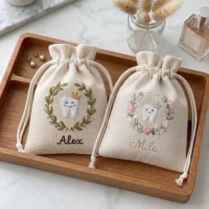 Personalized Tooth Fairy Bag, Embroidered Name & Star Glass Tooth Jar