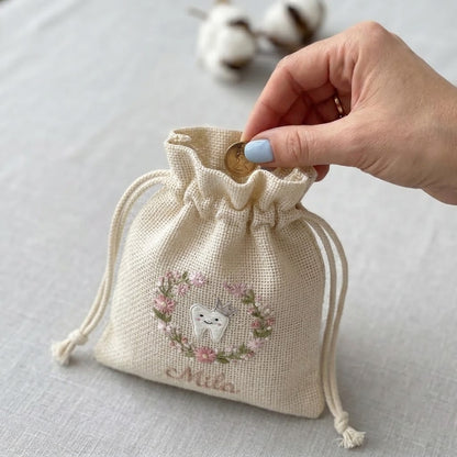 Personalized Tooth Fairy Bag, Embroidered Name & Star Glass Tooth Jar