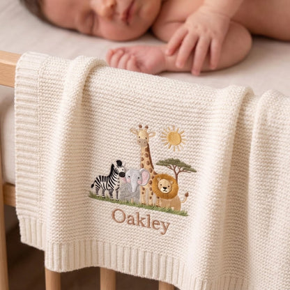 Personalized Savanna Friends Knit Baby Blanket | Custom Name